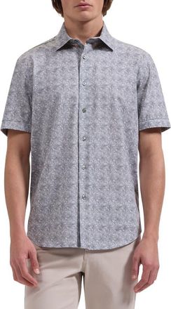 Bugatchi Miles OoohCotton Leaf Print Short Sleeve Button-Up Shirt in Shark at Nordstrom, Size Xxx-Large
