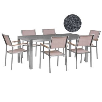 Beliani Conjunto De Comedor De Jard&iacute;n Beige Con Mesa 180 X 90 Cm De Granito Gris 6 Sillas De Rat&aacute;n Grosseto