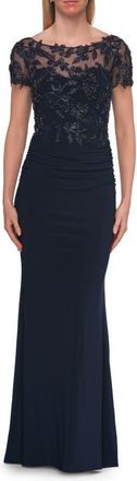 La Femme Beaded Lace Illusion Bodice Evening Gown in Navy at Nordstrom, Size 18