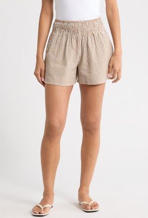 Marine Layer Isla Stripe Cotton & Kapok Seersucker Shorts in Mocha Stripe at Nordstrom, Size X-Large