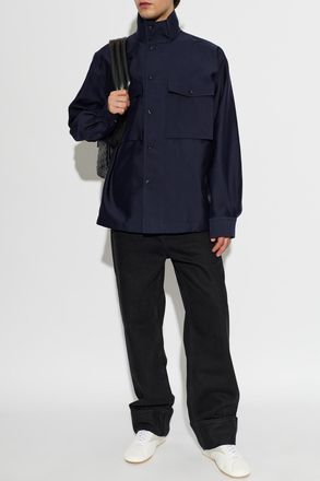 Bottega Veneta Cotton Shirt With A Stand-up Collar, Mens, Navy Blue