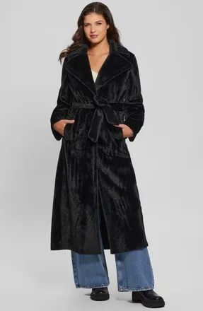 Guess Ada Faux Fur Long Coat in Jet Black at Nordstrom, Size Medium