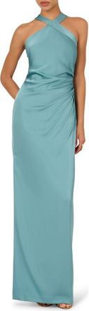 Adrianna Papell Ruched Drape Stretch Satin Gown in Blue Heaven at Nordstrom, Size 12