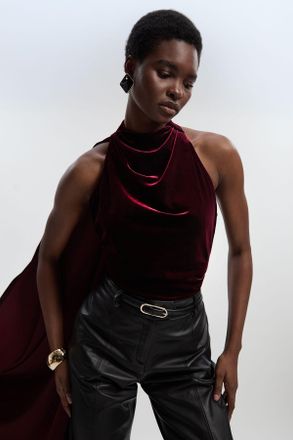 Karen Millen Womens Stretch Velvet High Neck Cape Shoulder Bodysuit - Burgundy - Size X-Small