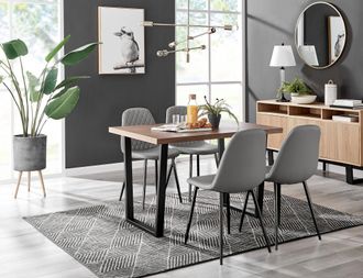 Furniturebox Kylo Brown Wood Effect Dining Table With Black U Legs & 4 Corona Faux Leather Chairs in Grey