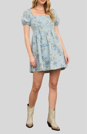 Blu Pepper Floral Print Puff Sleeve Denim Minidress in Light Denim at Nordstrom, Size Large