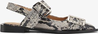 Ganni Snake Printed Chunky Buckle Ballerinas - Size 10 Beige