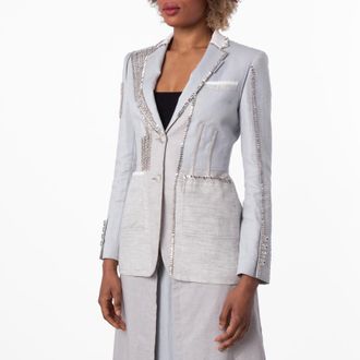 Burberry Grey Melange Technical Linen Blazer with Crystal Embroidery, Brand Size 6 (US Size 4)