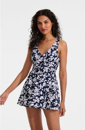 Lands End D-Cup Slender Suit Wrap Swim Dress Swimsuit Print in Navy Blossom Floral at Nordstrom, Size 10