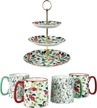 10 Strawberry Street Holly Hosting Set - 3 Tier Serving Stand & 4 Mugs