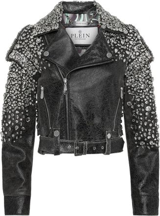 Philipp Plein Leren Cropped Biker Jacket LS Strass - Dames - Leren en Su&egrave;de Jassen - Zwart - S - Leer - Jassen