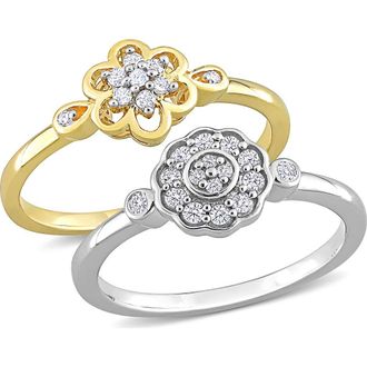 Delmar Set of 2 Sterling Silver Diamond Flower Rings - 0.14ct. in Gold/Silver at Nordstrom Rack, Size 7