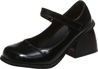 Generic Women Casual Autumn Slip On Shoes Leather Thick Sole Square Heel Round Toe Comfortable Walking Footwear (Black, 5.5)