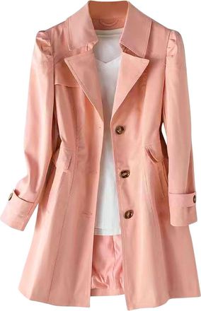Generic Pink Womens Trench Coat - Water Repellent, Mid Long, Slim Fit, Notch Lapel, Button Front, with Pockets, Long Sleeve, Classic Jacket Windbreaker for La