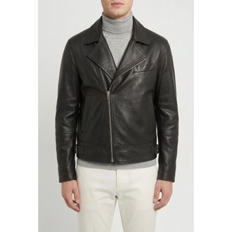 Brunello Cucinelli Black Leather Biker Jacket, Size Medium