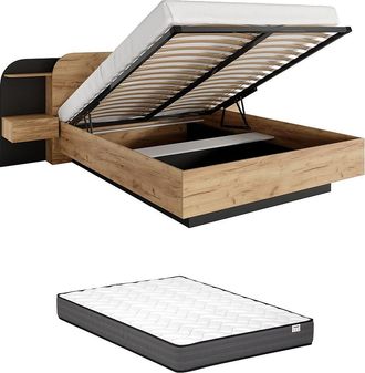 Vente-Unique Canap&eacute; abatible con mesas de noche 160 x 200 cm - Con LEDs - Color: natural y negro + Colch&oacute;n - JUVISIA