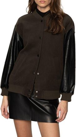 Sanctuary Club Mixed Media Varsity Jacket in Midnight Olive at Nordstrom, Size X-Small