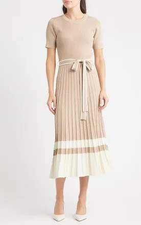 ZOE AND CLAIRE Pleated Tie Waist Maxi Sweater Dress in Light Taupe at Nordstrom, Size Large