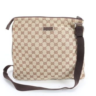 Gucci Brown Leather Canvas Messenger Bag Shoulder Bag (Pre-Owned)