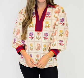 Entro Floral Printed Contrast Split Neck Top In Ecru