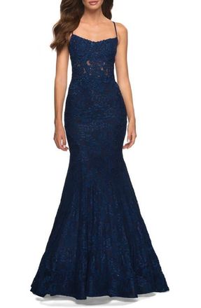 La Femme Mermaid Lace Gown with Sheer Bodice and Open Back in Navy at Nordstrom, Size 10