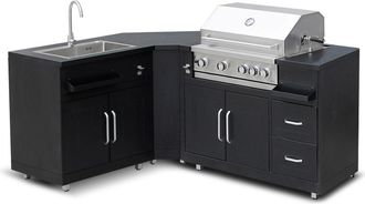 Oviala Cocina exterior met&aacute;lica con 3 fregaderos y barbacoa