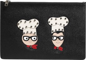 Dolce & Gabbana Zwarte Leren DGFAMILY Versierde Heren Clutch Pouch Tas