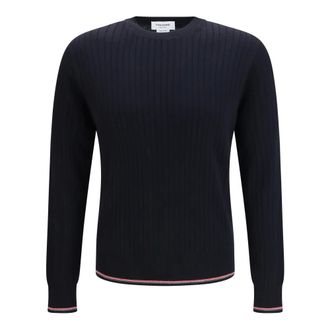 Thom Browne Crewneck Katoenen Gebreide Trui Met 4-Strepen Detail - Heren - Truien - Blauw - Maat: XL Katoen