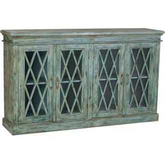 Wanderlust Deco Aparador De Madera Y Cristal Con 4 Puertas, Azul170x40x100h Cm
