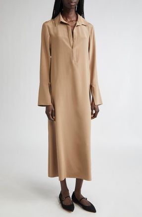 Max Mara Ossola Long Sleeve Silk Stretch Cr&ecirc;pe de Chine Midi Shirtdress in Hazelnut Brown at Nordstrom, Size 10
