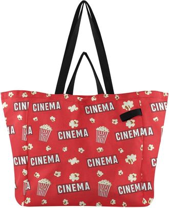 Generic Popcorn Cinema Red print Reusable Canvas Tote Bag, Heavy Duty Grocery Shopping Bag with Hard Bottom Large Capacity Double Handles Work Groceries Trave