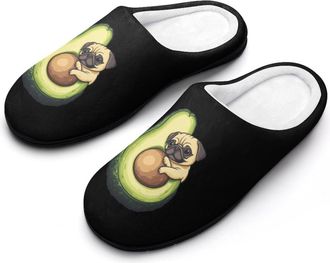 Generic Avocado Pug Dog Mens Slippers Slip On Comfortable Fleece Cotton House Shoes Winter