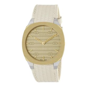 Gucci Gelaagde Gouden Messing Wijzerplaat met Wit Leren Bandje - Dames - Horloges - Grijs - ONE Size - Accessoires