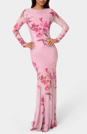 Bebe Long Sleeve Powermesh Gown in Pink /Multi at Nordstrom Rack, Size Small