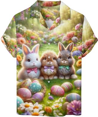 Generic HUIFUAO Easter Eggs Shirt for Men UK Short Sleeve Easter Bunny Tee Shirt Funny Rabbit Button Down Blouse Tops Summer Hawaiian Tshirt (Z12-Green, XXXXL