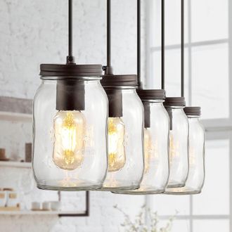 Jonathan Y Designs Gaines 33.25 5-Light Farmhouse Industrial Iron Mason Jar Linear LED Pendant