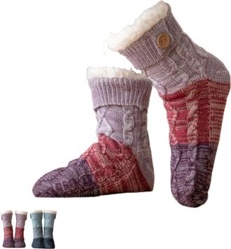 Generic Knitted Ultra-Thick Slipper Home Socks,Knit Patchwork Non-Slip Warm Winter Socks,Fleece Lined Warm Comfort for Lounge Women (One Size,Red)