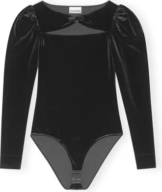 Ganni Black Velvet Jersey Bodystocking - Size 10/12