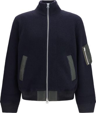 sacai Mens Ribbed Sweater Navy-Dark Khaki Wool Jacket Navy/dark