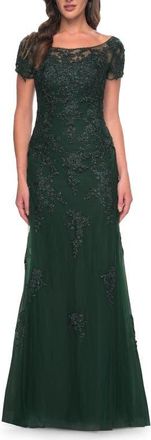 La Femme Lace and Net Fitted Long Mother of the Bride Dress in Dark Emerald at Nordstrom, Size 18