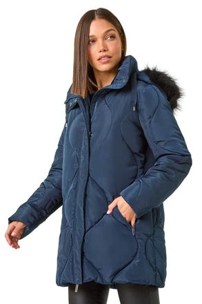Roman Womens Quilted Faux Fur Hooded Coat - Blue Denim - Size 10 UK