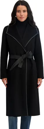 Elie Tahari Womens Double Faced Faux Leather Trimmed Long Wool-Blend Coat
