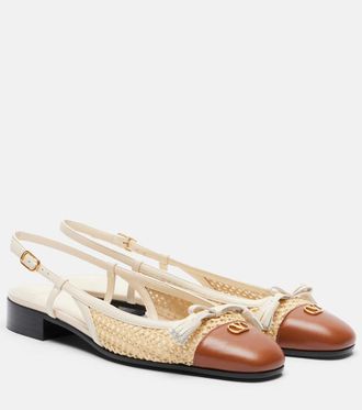 Valentino Garavani Valet Du Roi leather-trimmed raffia slingback flats