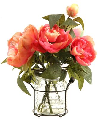 D&W Silks Pink Peonies In Glass Jar With Metal Handle