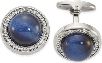 Diamond2Deal Stainless Steel Polished Cubic Zirconia and Black Blue Onyx Circle Cufflinks