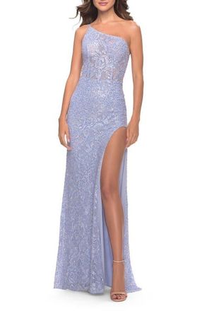 La Femme Beaded Lace One Shoulder Dress with Unique Lace Up Back in Light Periwinkle at Nordstrom, Size 12