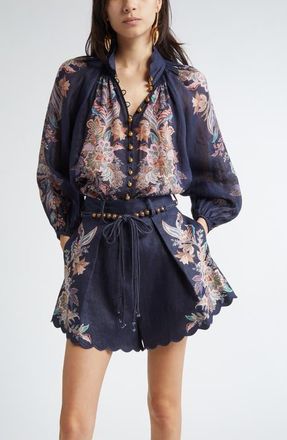 Zimmermann Rhiannon Embroidered Floral Billow Top in Navy Multi Paisley at Nordstrom, Size 1