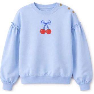 Lola Girl Cherry Graphic French Terry Ribbed Sweatshirt in Stone Blue at Nordstrom, Size 18M