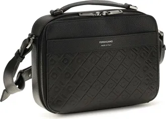 Ferragamo Mens Leather Crossbody Bag With Embossed Gancini Pattern Black Calf Bos Taurus Shoulder