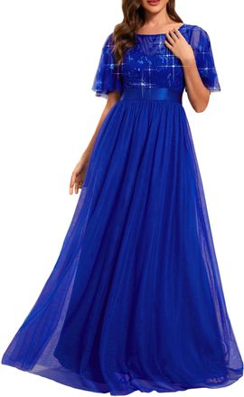 Ever-pretty Womens Short Sleeve Embroidery Empire Waist A Line Floor Length Elegant Long Formal Evening Party Dresses Sapphire Blue 24UK